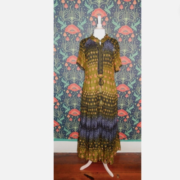 Free People Rare Feelings Olive Green Blue Floral Boho Maxi Dress Nwt XL - Picture 5 of 9